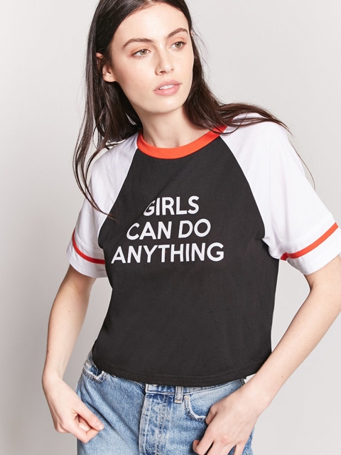 

FOREVER 21 Women Black Printed Round Neck T-shirt