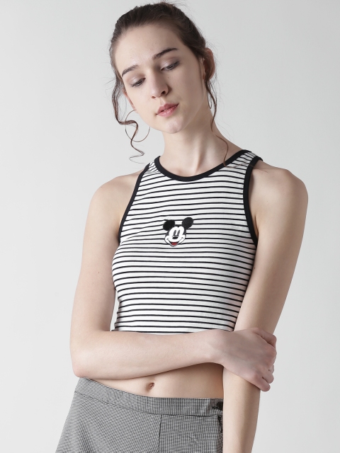 

FOREVER 21 Women White & Black Striped Crop Fitted Top