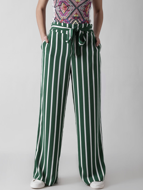 

FOREVER 21 Women Green & White Regular Fit Striped Parallel Trousers