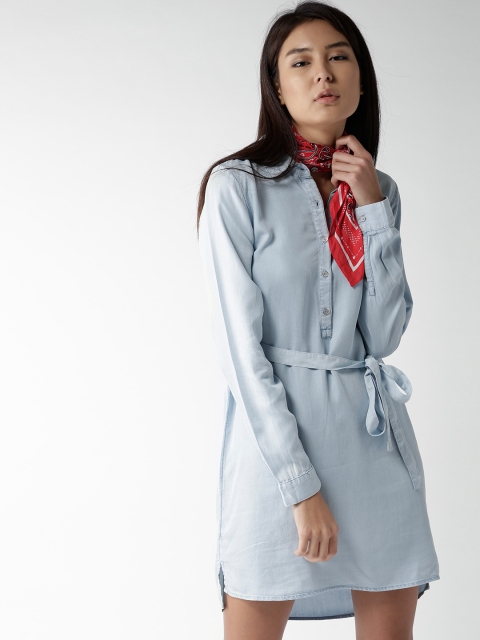 

FOREVER 21 Women Blue Chambray Solid Shirt Dress