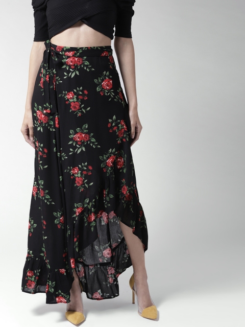 

FOREVER 21 Women Black & Red Floral Print Maxi Wrap Skirt