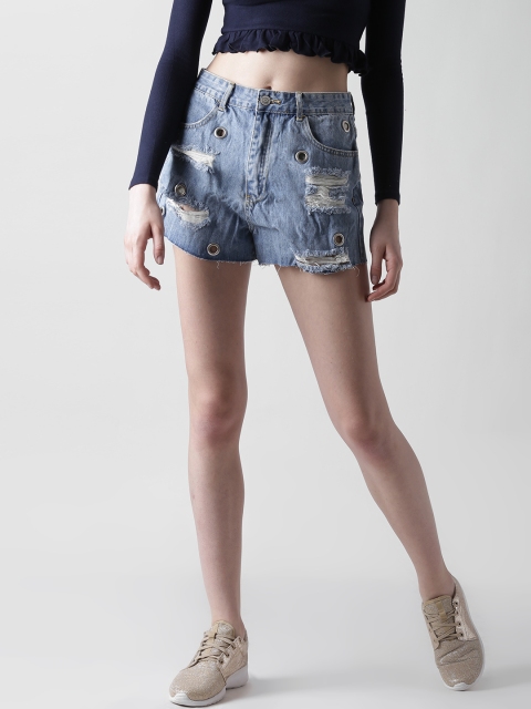 

FOREVER 21 Women Blue Distressed Regular Fit Denim Shorts