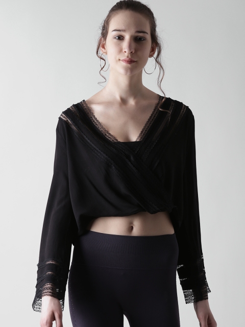 

FOREVER 21 Women Black Solid Wrap Crop Top