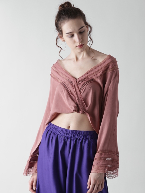 

FOREVER 21 Women Dusty Pink Solid Wrap Crop Top