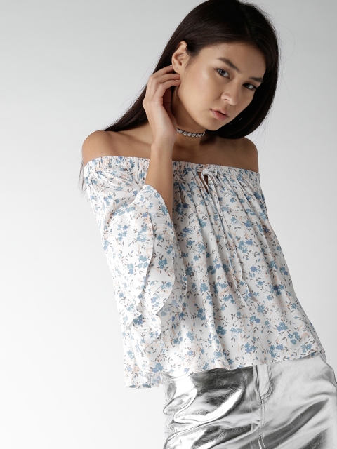 

FOREVER 21 Women White & Blue Printed Bardot Top
