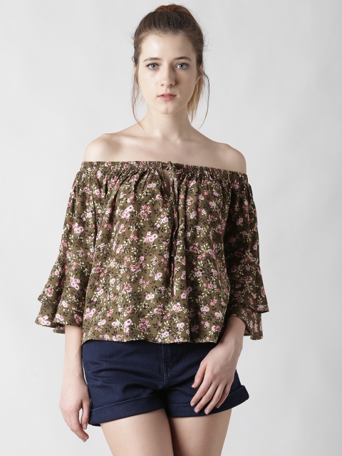 

FOREVER 21 Women Brown Printed Bardot Top