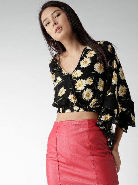 

FOREVER 21 Women Black Printed Wrap Crop Top