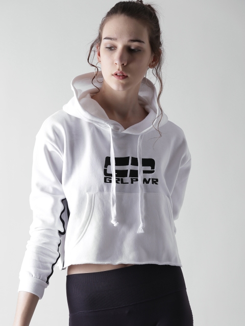 

FOREVER 21 Women White Embroidered Detail Hooded Crop Sweatshirt