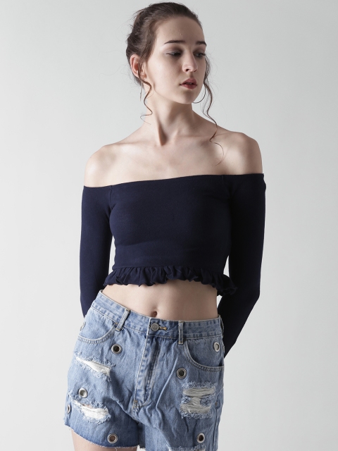 

FOREVER 21 Women Navy Blue Solid Crop Bardot Top