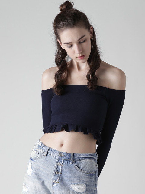 

FOREVER 21 Women Navy Blue Solid Bardot Top