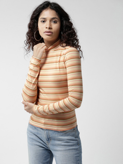 

FOREVER 21 Women Yellow Striped Fitted Top