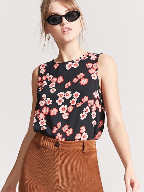 FOREVER 21 Women Black Floral Print Styled Back Top