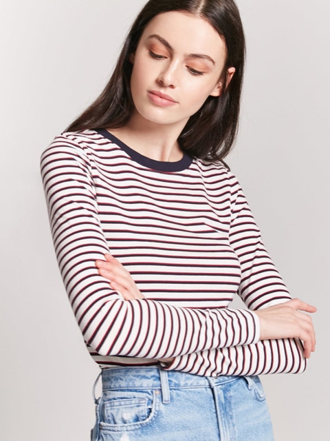 

FOREVER 21 Women White & Navy Striped Round Neck T-shirt