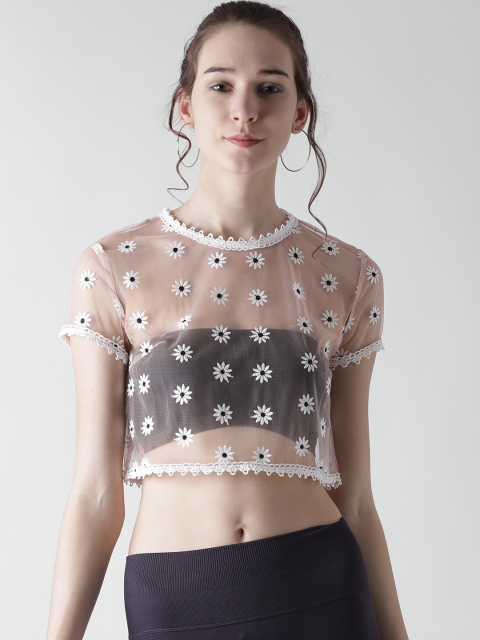

FOREVER 21 Women Nude-Coloured Embroidered Crop Net Top