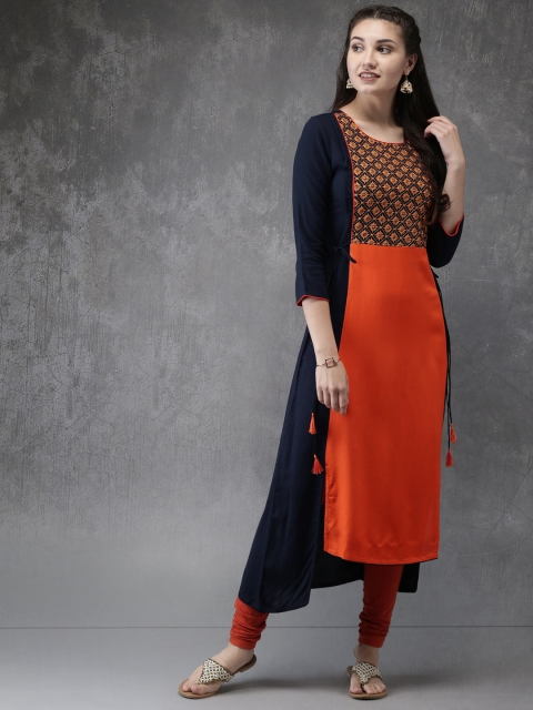 

Anouk Women Orange & Navy Blue Woven Design A-Line Kurta