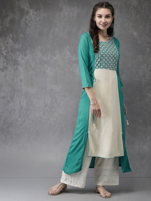 

Anouk Women Green & Cream-Coloured Woven Design A-Line Kurta