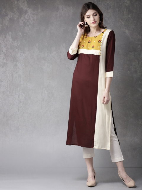 

Anouk Women Coffee Brown & Off-White Colourblocked Straight Kurta