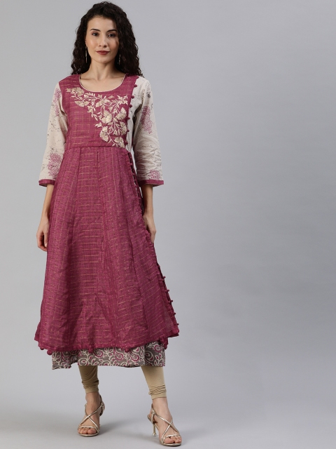 

Anouk Women Pink & Off-White Checked Layered A-Line Kurta with Embroidery