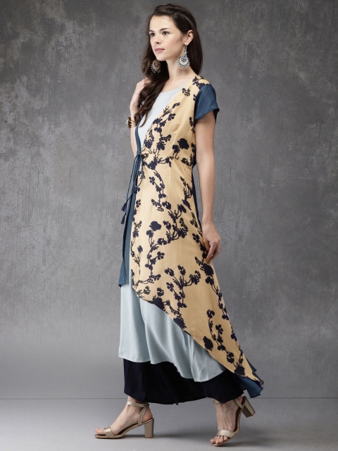 

Anouk Women Blue & Beige Printed Layered Kurta with Palazzos