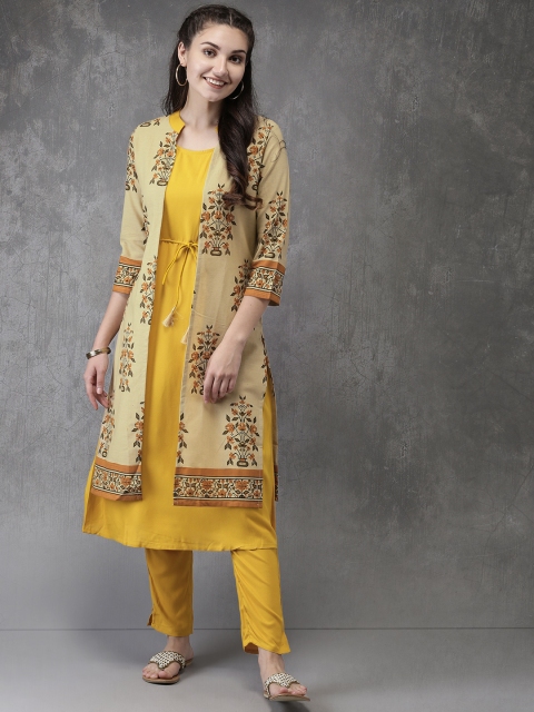 

Anouk Women Beige & Mustard Printed Layered Kurta with Trousers