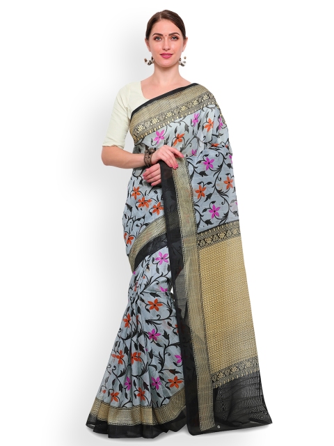 

Satrani Grey & Black Poly Silk Printed Bhagalpuri Saree