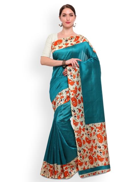 

Satrani Turquoise Blue & Off-White Poly Silk Printed Saree