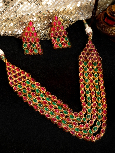 

Rubans Red & Green Gold-Plated Faux Ruby & Emerald Jewellery Set