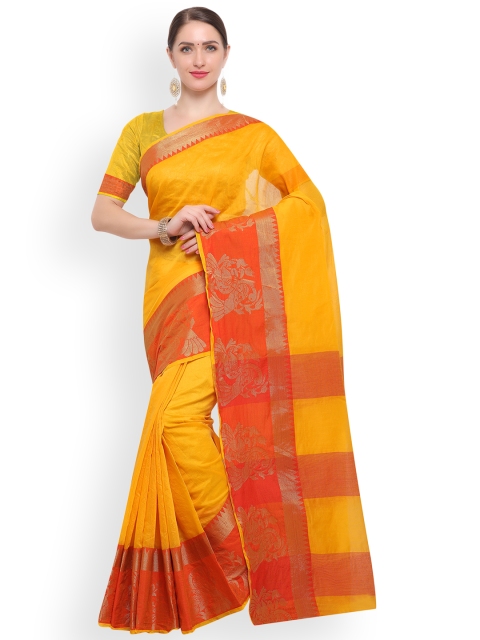 

Satrani Yellow Silk Blend Printed Maheshwari Saree