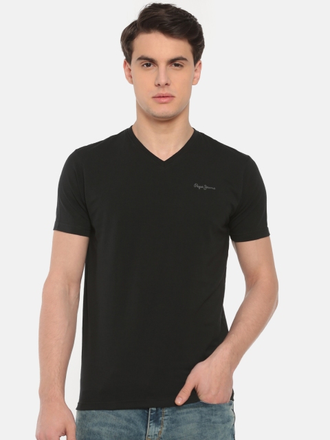 

Pepe Jeans Men Black Solid V-Neck Pure Cotton T-shirt