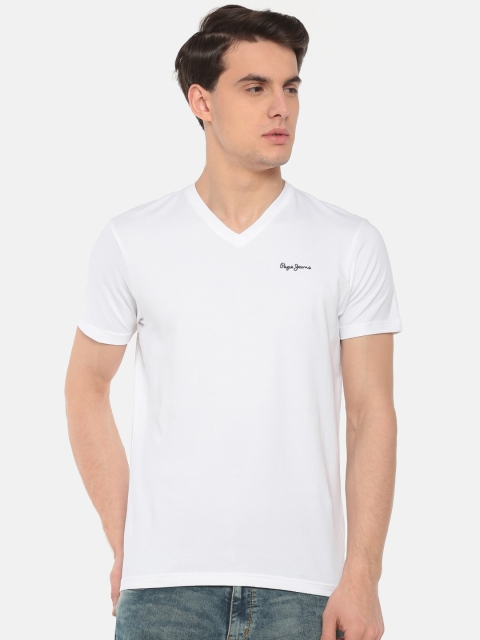 

Pepe Jeans Men White Solid V-Neck T-shirt