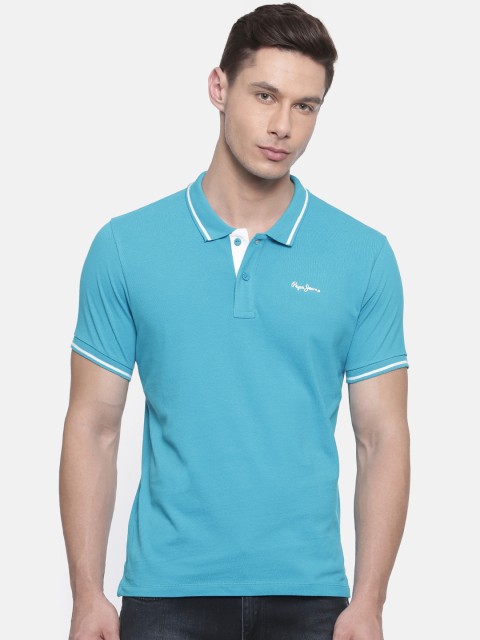 

Pepe Jeans Men Turquoise Blue Solid Polo Collar T-shirt