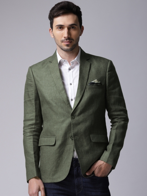 

True Blue Green Self-Design Slim Fit Linen Singe-Breasted Casual Blazer