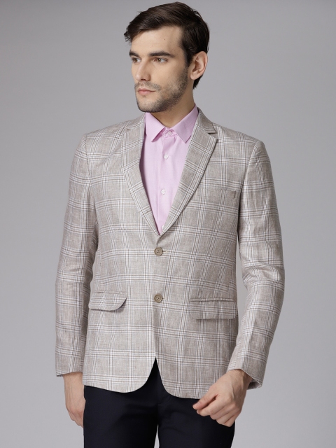 

True Blue Beige Checked Slim Fit Linen Singe-Breasted Casual Blazer