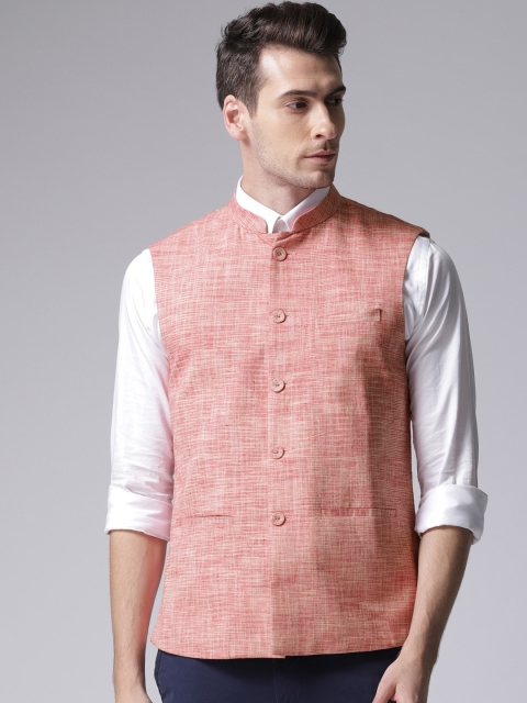 

True Blue Peach-Coloured Solid Pure Cotton Nehru Jacket