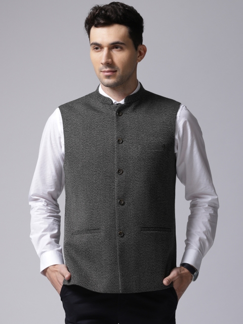 

True Blue Black Self Design Nehru Jacket