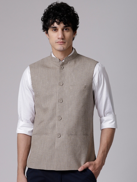 

True Blue Men Beige Self-Design Nehru Jacket