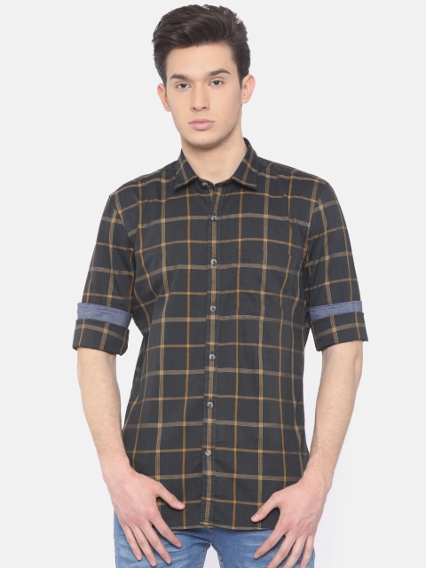 

Scullers Sport Men Charcoal Black & Mustard Yellow Slim Fit Checked Casual Shirt
