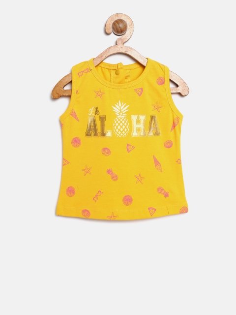 Little Kangaroos Girls Mustard Yellow & Pink Printed Top