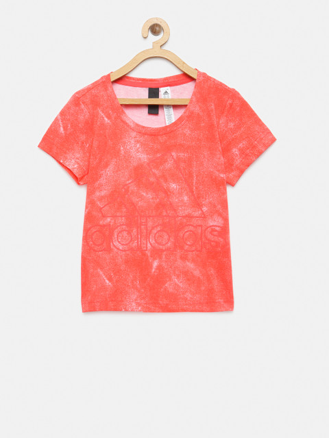 

ADIDAS Girls Coral Red YG ID Moon Printed Round Neck T-shirt