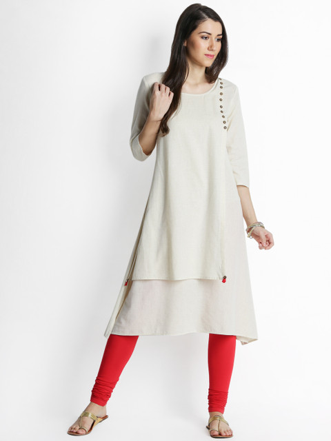 

RANGMANCH BY PANTALOONS Women Off-White Solid A-Line Linen Handloom Kurta