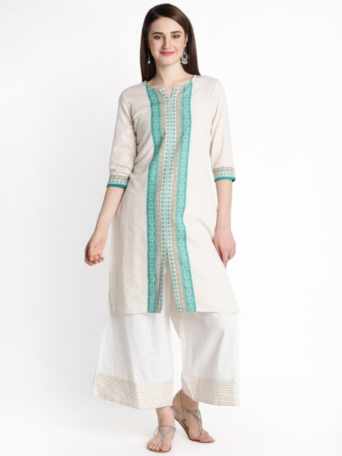 

RANGMANCH BY PANTALOONS Women Off-White & Green Printed Straight Kurta