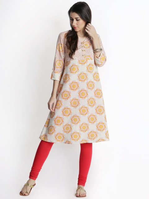 

RANGMANCH BY PANTALOONS Women Off-White & Orange Printed A-Line Kurta