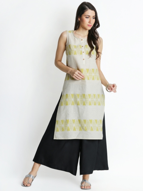

RANGMANCH BY PANTALOONS Women Off-White & Green Printed Straight Kurta