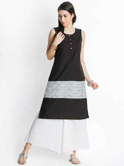 

RANGMANCH BY PANTALOONS Women Black & White Colourblocked Straight Kurta