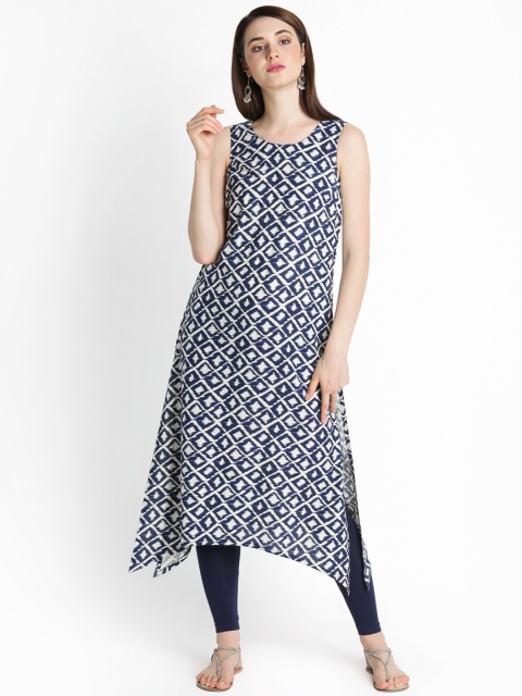 

RANGMANCH BY PANTALOONS Women Navy & Off-White Printed Asymmetric Hemline A-Line Kurta, Navy blue