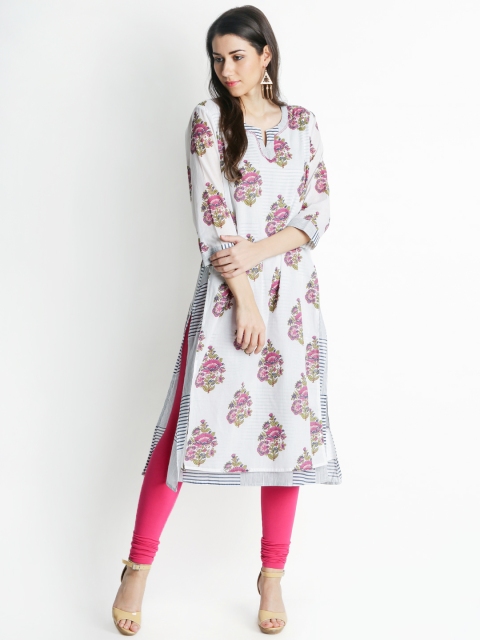 

RANGMANCH BY PANTALOONS Women White & Navy Floral Printed A-Line Kurta