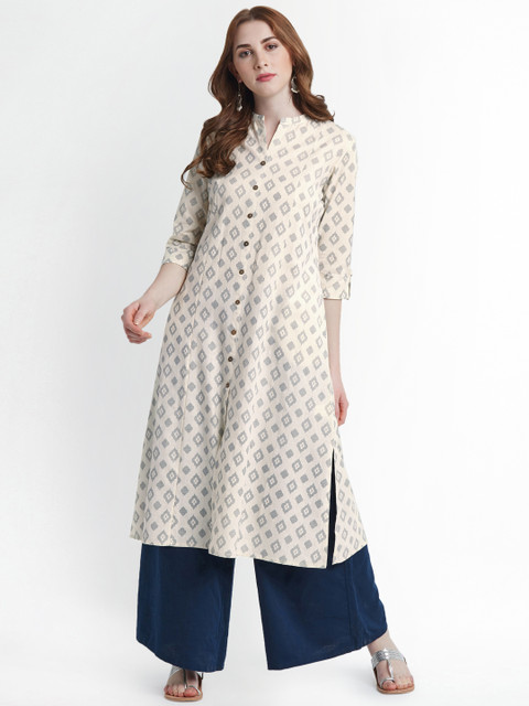 

RANGMANCH BY PANTALOONS Women Beige & Navy Blue Printed A-Line Kurta