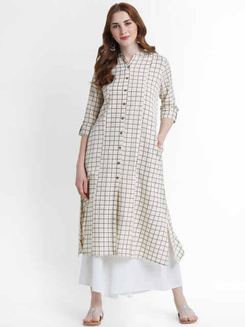 

RANGMANCH BY PANTALOONS Women Off-White & Black Checked A-Line Kurta