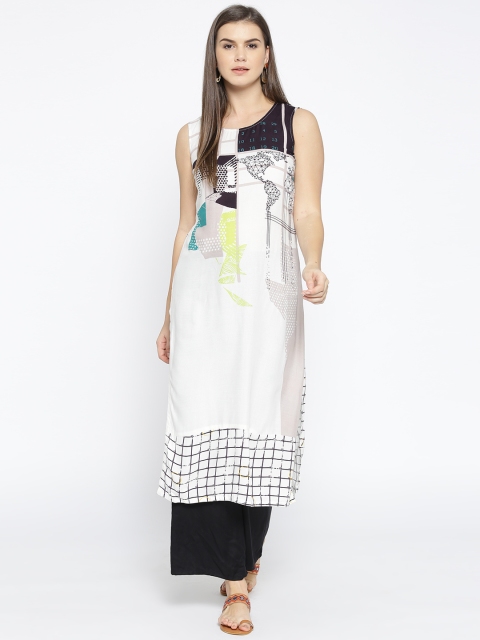 

RANGMANCH BY PANTALOONS Women Off-White & Navy Printed A-Line Kurta