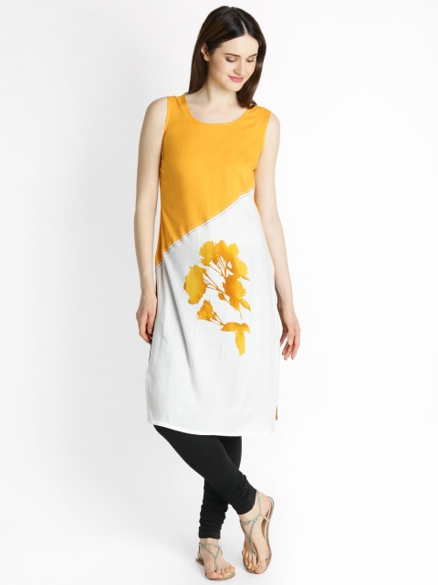 

RANGMANCH BY PANTALOONS Women Mustard Yellow & Off-White Colourblocked Straight Kurta